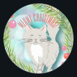 Meowy Christmas Kitten Cat Vakantie Kaart Sticker<br><div class="desc">Wens al je familie en vrienden een zeer "Meowy" Kerstmis met dit schattige witte en grijze kattenontwerp. Geweldig voor Cat Mom's wens om vakantie groeten te sturen.</div>
