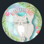 Meowy Christmas Kitten Cat Vakantie Kaart Sticker<br><div class="desc">Wens al je familie en vrienden een zeer "Meowy" Kerstmis met dit schattige witte en grijze kattenontwerp. Geweldig voor Cat Mom's wens om vakantie groeten te sturen.</div>
