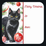 Meowy Christmas Kitten Waterverf Gift Label<br><div class="desc">Naar en van Gift label Verstuur warme en grillige vakantiegroeten met onze Meowy Christmas Kitten Waterverf ontwerp. Dit charmante Sticker cadeau label heeft een heerlijke waterverf van een schattig zwart katje met boeiende gele ogen naast een prachtig versierde kerstboom versierd met  ornamenten bollen.</div>