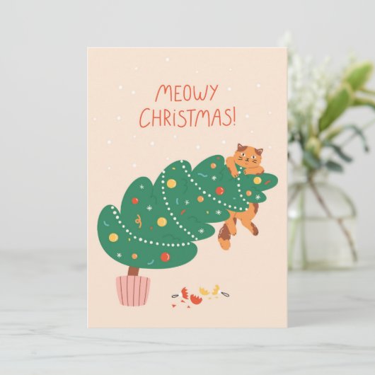 Meowy Christmas - Mischievous Feline Fun Feestdagenkaart (Staand voorkant)