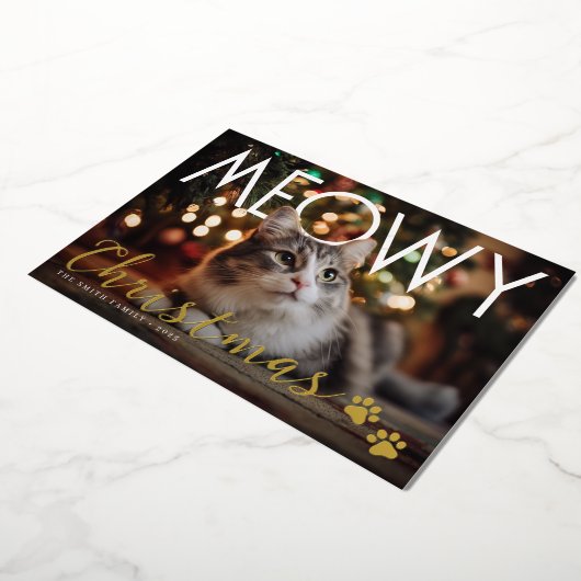 Meowy Christmas Modern Photo Holiday Card Folie Feestdagenkaart (Gedraaid)