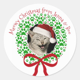 Meowy Christmas Paw Print vakantiekrans foto Ronde Sticker