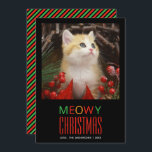 Meowy Christmas Pet Cat Photo Animal Lovers Cute Feestdagenkaart<br><div class="desc">A photo Christmas card for cat lovers. It has in the upper part a placeholder photo of a cute ginger kitten among red and green Christmas decorations. In the lower part there is the text: "Meowy Christmas" in big caps, and the name the family and the year in smaller white...</div>