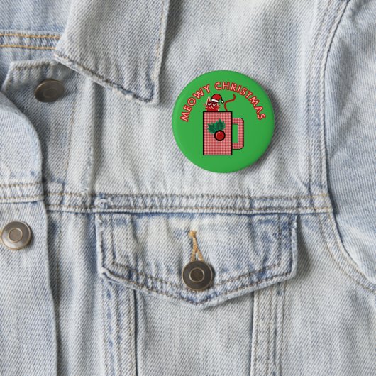 MEOWY CHRISTMAS Pin Button Green (In situ)