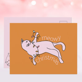 Meowy Christmas Pink Cat Lights Feestdagenkaart