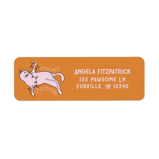 Meowy Christmas Pink Cat Lights Retouradres Etiket (Voorkant)