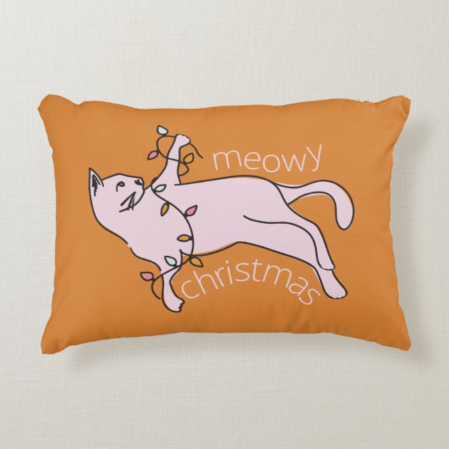 Meowy Christmas Preppy Pink Cat Accent Kussen (Voorkant)
