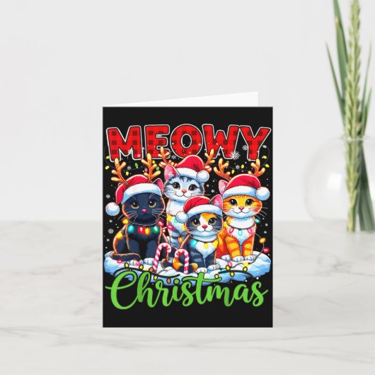 Meowy Christmas Reindeer Xmas Lights Santa Cat  Kaart (Voorkant)