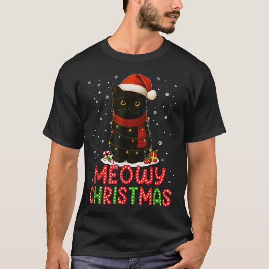 Meowy Christmas Santa Hat Funny Black Cat Men Wome T-shirt (Voorkant)
