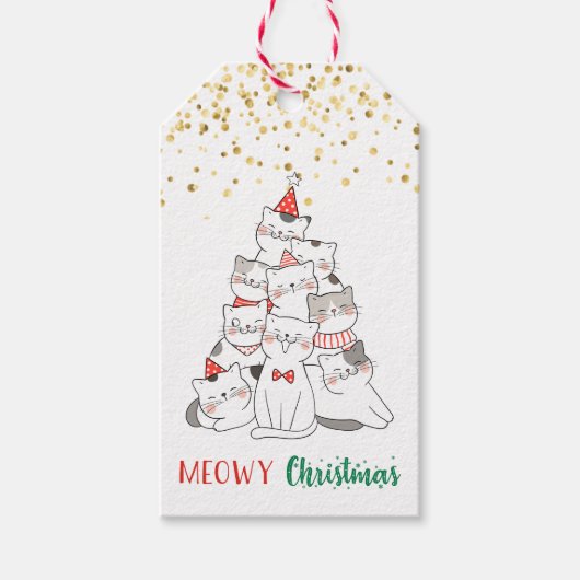 Meowy Christmas Schattige Funny Pun Cat Kat Lover Cadeaulabel (Voorkant)