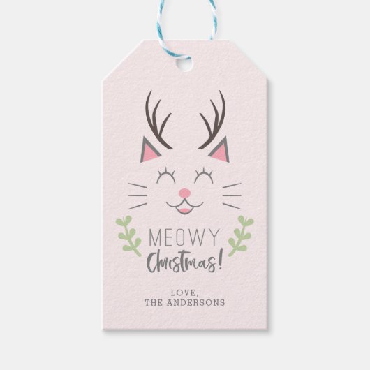 Meowy Christmas | Schattigee kat, gewei gepersonal Cadeaulabel (Voorkant)