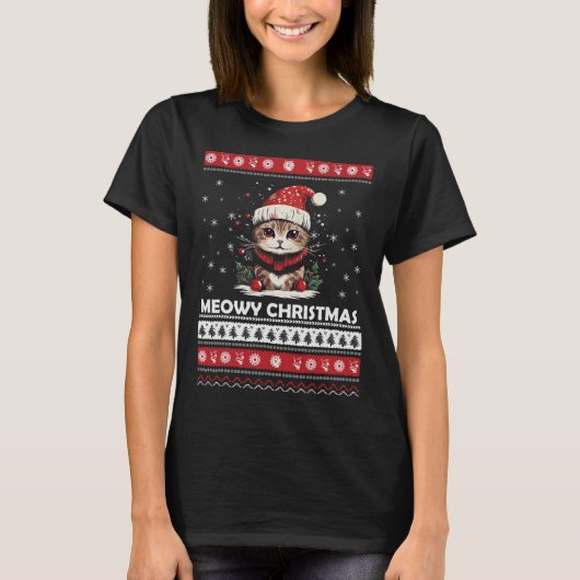 Meowy Christmas Schattigee Katten en Koffie Vrolij T-shirt (Voorkant)