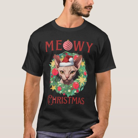 Meowy Christmas Sphynx Cat Design T-shirt (Voorkant)