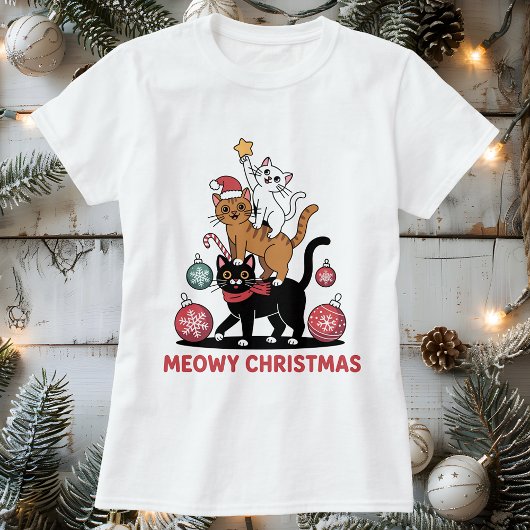 Meowy Christmas Stacked Cats Lover T-shirt