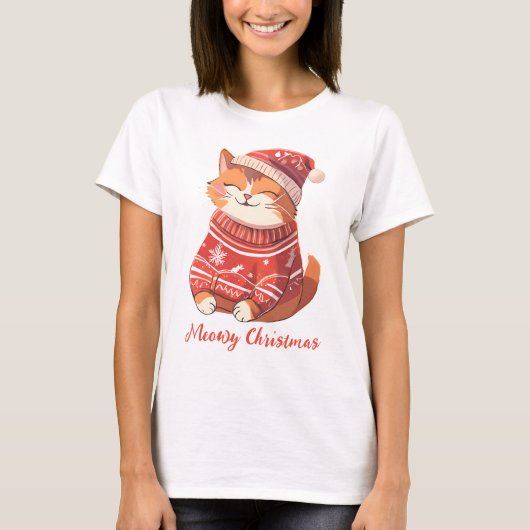 Meowy Christmas T-shirt voor vrouwen met feestelij (Voorkant)