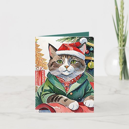 Meowy Christmas Tabby Cat Waterverf Vakantie Kaart (Voorkant)