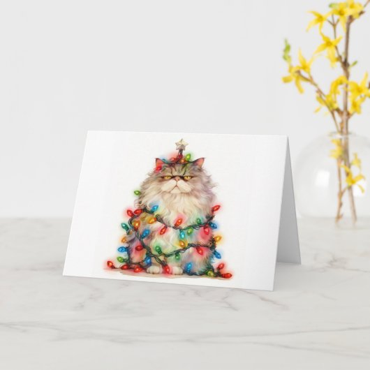 Meowy Christmas Tangled Cat Lights Wenskaart Kaart (Gele Bloem)