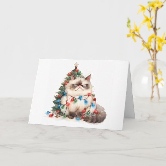 Meowy Christmas Tangled Cat Lights Wenskaart Kaart (Gele Bloem)