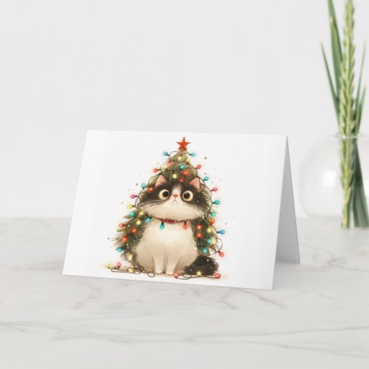 Meowy Christmas Tangled Cat Lights Wenskaart Kaart (Voorkant)