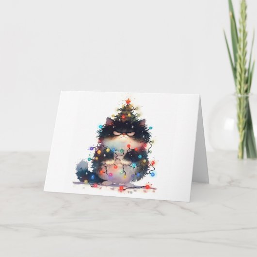 Meowy Christmas Tangled Cat Lights Wenskaart Kaart (Voorkant)