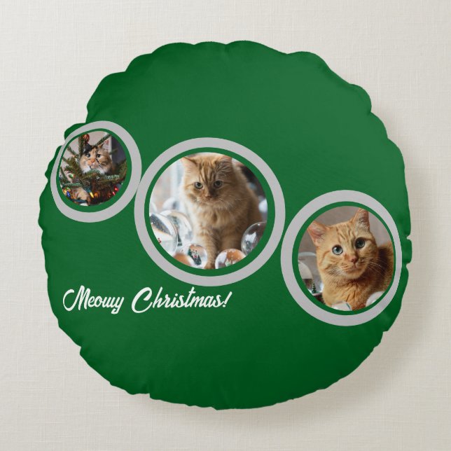 Meowy Christmas Three Cats Photos Customize  Rond Kussen (Voorkant)