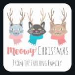 'Meowy Christmas' Vakantie katten in Antlers Perso Vierkante Sticker<br><div class="desc">Het pure-effect vakantiethema voor kattenliefhebbers! Lieve kleine katten met een gewei en trui maken een schattig accent voor je humoristische kerstsentimenten. Verspreid vrolijkheid met heldere en speelse pastels. Wij wensen u een Meowy Kerstmis en een Gelukkig Nieuwjaar! · Pas het aan! Volg de sjabloon om eenvoudig uw eigen tekst toe...</div>