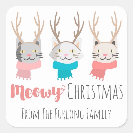 'Meowy Christmas' Vakantie katten in Antlers Perso Vierkante Sticker (Voorkant)