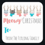 'Meowy Christmas' vakantie katten op maat van & va Vierkante Sticker<br><div class="desc">Het pure-effect vakantiethema voor kattenliefhebbers! Lieve kleine katten met een gewei en trui maken een schattig accent voor je humoristische kerstsentimenten. Verspreid vrolijkheid met heldere en speelse pastels. Wij wensen u een Meowy Kerstmis en een Gelukkig Nieuwjaar! · Pas het aan! Volg de sjabloon om eenvoudig uw eigen tekst toe...</div>