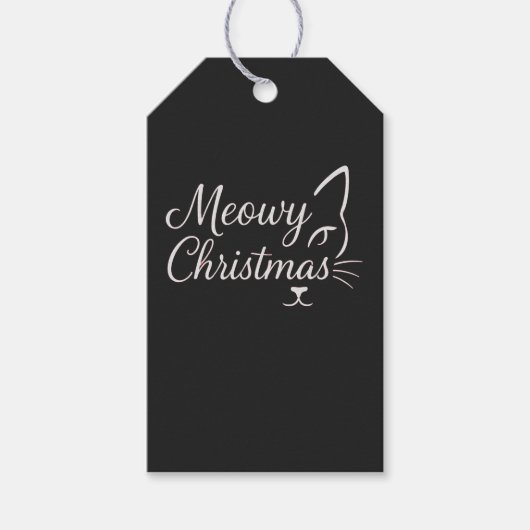 'Meowy Christmas' Verfijnd Koolzwarte Cadeaulabel (Voorkant)
