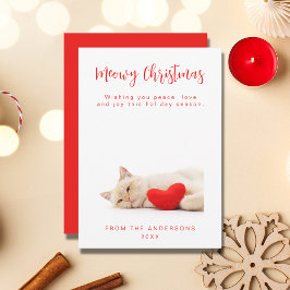 Meowy Christmas White Funny Cat Photo Holiday Kaar Kaart