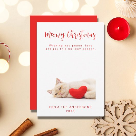 Meowy Christmas White Funny Cat Photo Holiday Kaar Kaart