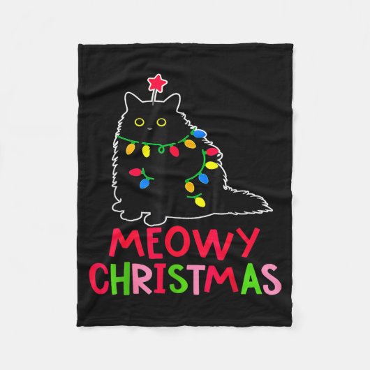 Meowy Christmas Xmas Lights Black Cat Pajamas Fami Fleece Deken (Voorkant)