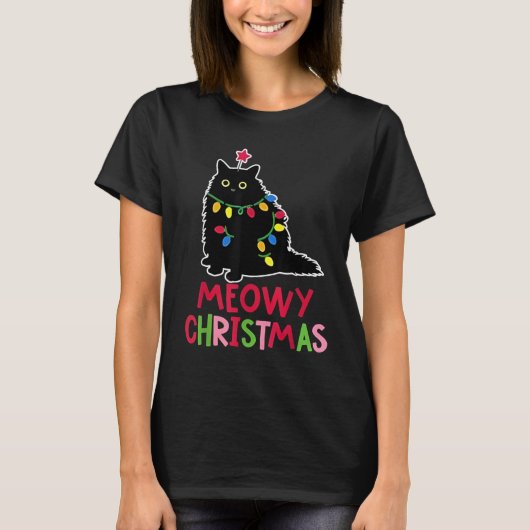 Meowy Christmas Xmas Lights Black Cat Pajamas Fami T-shirt (Voorkant)
