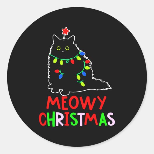 Meowy Christmas Xmas Lights Black Cat Pajamas  Ronde Sticker (Voorkant)