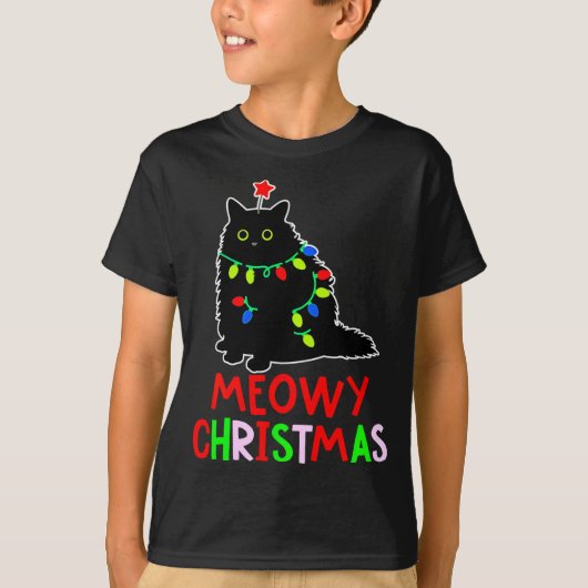 Meowy Christmas Xmas Lights Black Cat Pajamas  T-shirt (Voorkant)