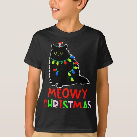 Meowy Christmas Xmas Lights Black Cat Pajamas Todd T-shirt (Voorkant)