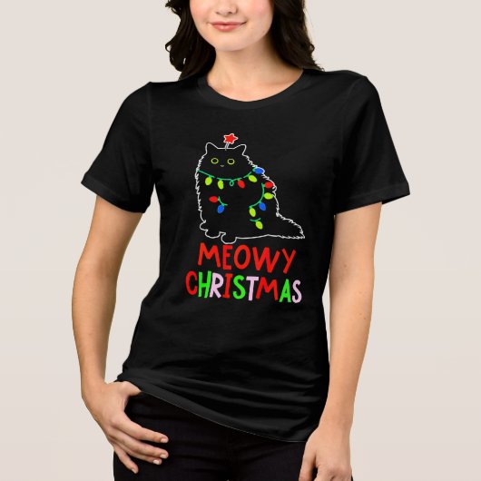 Meowy Christmas Xmas Lights Black Cat Pajamas Tri-Blend Shirt (Voorkant)