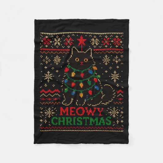 Meowy Christmas Xmas Lights Cat Ugly Sweater Pajam Fleece Deken (Voorkant)