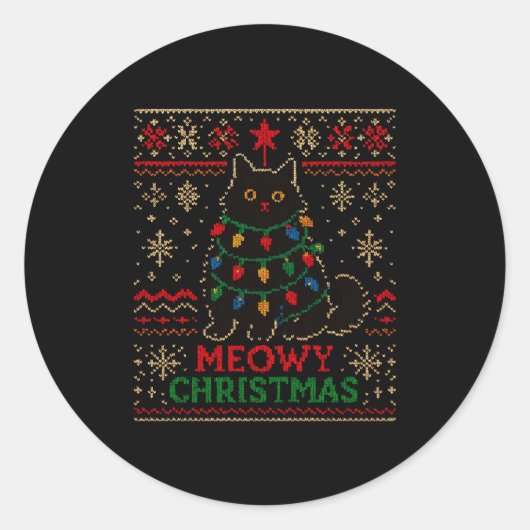 Meowy Christmas Xmas Lights Cat Ugly Sweater Pajam Ronde Sticker (Voorkant)