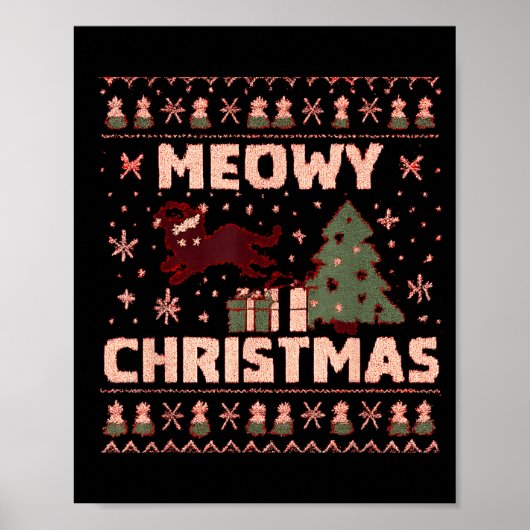Meowy Christmas Xmas Tree Cat Ugly Sweater Pajamas Poster (Voorkant)