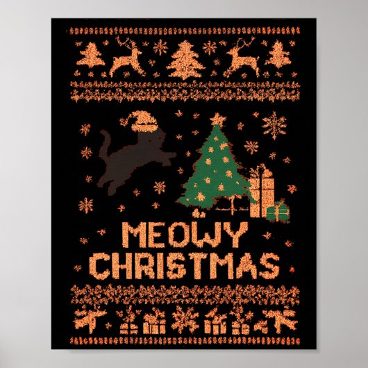 Meowy Christmas Xmas Tree Cat Ugly Sweater Pajamas Poster (Voorkant)
