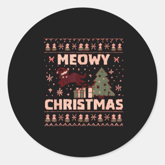 Meowy Christmas Xmas Tree Cat Ugly Sweater Pajamas Ronde Sticker (Voorkant)