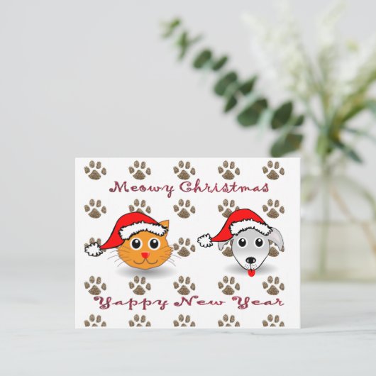 Meowy Christmas Yappy Nieuwjaar Briefkaart (Staand voorkant)