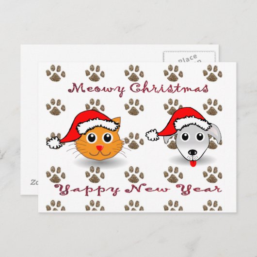 Meowy Christmas Yappy Nieuwjaar Briefkaart (Voorkant / Achterkant)