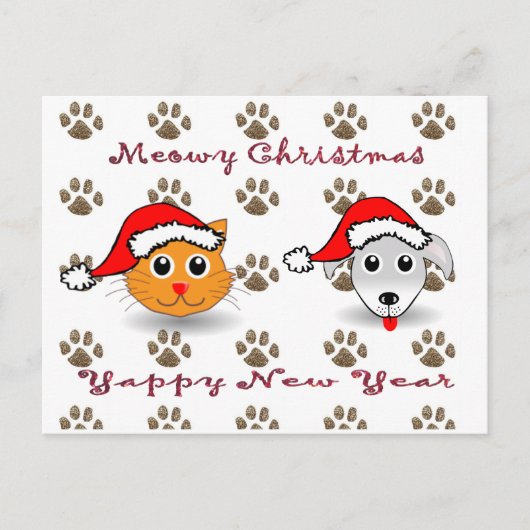 Meowy Christmas Yappy Nieuwjaar Briefkaart (Voorkant)