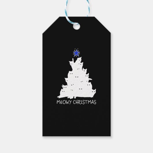Meowy Christmas Zwart shirt Tree Yellow Star Cat Cadeaulabel (Voorkant)