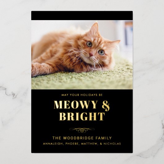 Meowy en Bright Cat Photo Gag Kerstmis Folie Feestdagenkaart (Voorkant)