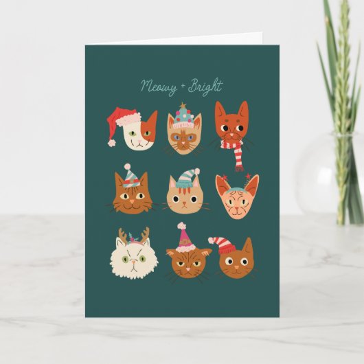 Meowy en Bright Christmas Cats Groen Feestdagen Kaart (Voorkant)