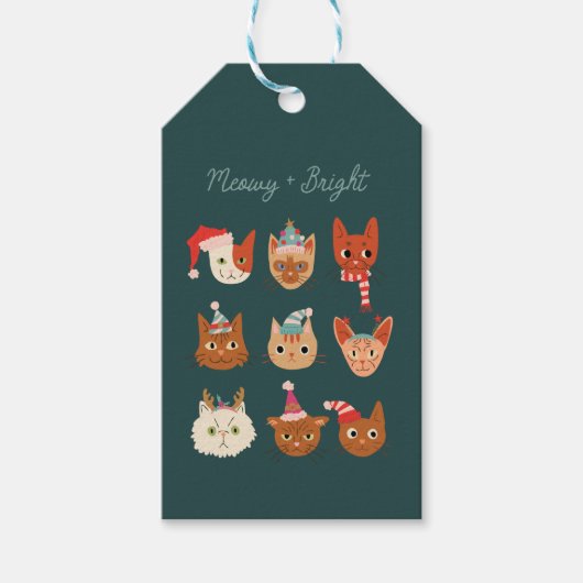 Meowy en Bright Schattige Kerstkatten Groen Cadeaulabel (Voorkant)