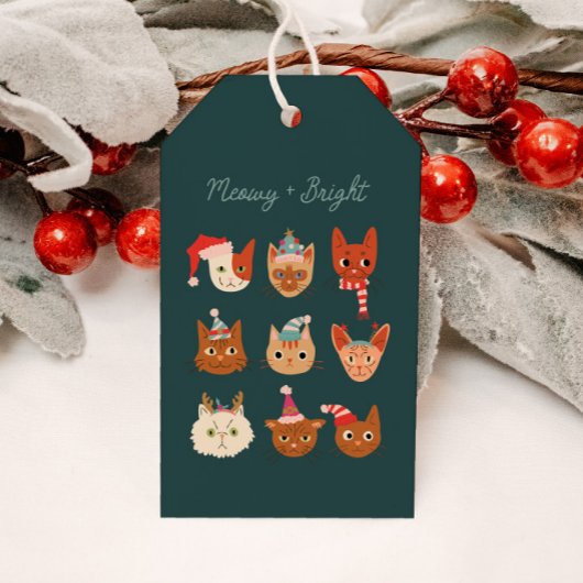 Meowy en Bright Schattige Kerstkatten Groen Cadeaulabel